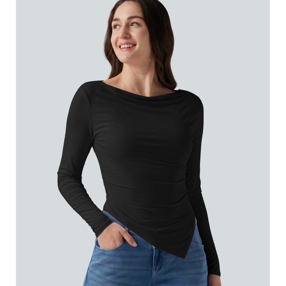 Halara Boat Neck Long Sleeve Ruched Uneven Hem Top Black Small NWT